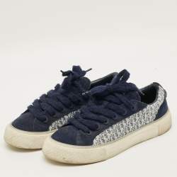 Pre Owned Dior B33 Size 45 Oblique White/Navy Blue Canvas and Suede Lace Up Sneakers