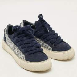 Pre Owned Dior B33 Size 45 Oblique White/Navy Blue Canvas and Suede Lace Up Sneakers