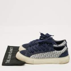 Pre Owned Dior B33 Size 45 Oblique White/Navy Blue Canvas and Suede Lace Up Sneakers