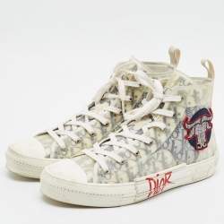 Pre Owned Dior Shawn Stussy B23 Size 45 Transparent/Grey Oblique Mesh and PVC 'Ox Head Embroidery Patch' High Top Sneakers