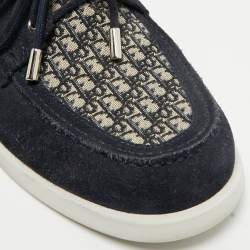 Pre Owned Dior Granville Boat Size 44 Navy Blue/Beige Oblique Jacquard and Suede Loafers