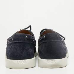 Pre Owned Dior Granville Boat Size 44 Navy Blue/Beige Oblique Jacquard and Suede Loafers