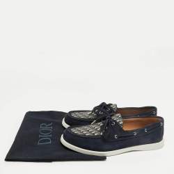Pre Owned Dior Granville Boat Size 44 Navy Blue/Beige Oblique Jacquard and Suede Loafers