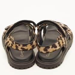 Pre Owned Dior Dioract Size 40.5 Dark Brown/Beige Leopard Print Fabric Flat Slingback Sandals