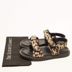 Pre Owned Dior Dioract Size 40.5 Dark Brown/Beige Leopard Print Fabric Flat Slingback Sandals