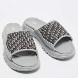 Pre Owned Dior H-Town Size 43 Beige/Grey Oblique Canvas and Rubber Slide Sandals