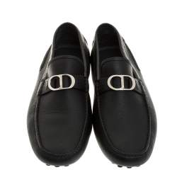 مملوكة مسبقًا Dior Black Leather CD Logo Slip On Loafers Size 43.5