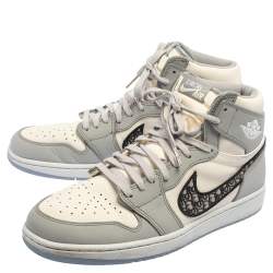Pre Owned Jordan x Dior Grey/White Leather Air Jordan 1 Retro High Top Sneakers Size 46