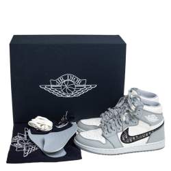 Pre Owned Jordan x Dior Grey/White Leather Air Jordan 1 Retro High Top Sneakers Size 43