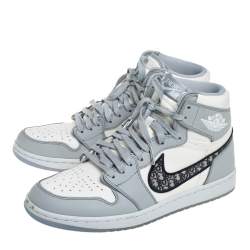 Pre Owned Jordan x Dior Grey/White Leather Air Jordan 1 Retro High Top Sneakers Size 43