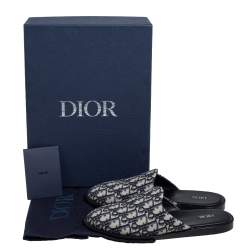 Dior Blue/Beige Oblique Embroidered Cotton Fabric Mules Size 41