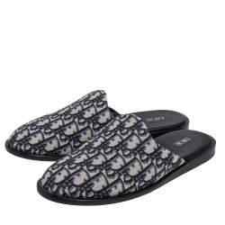 Dior Blue/Beige Oblique Embroidered Cotton Fabric Mules Size 41