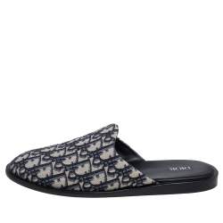Dior Blue/Beige Oblique Embroidered Cotton Fabric Mules Size 41