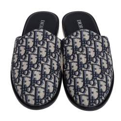 Dior Blue/Beige Oblique Embroidered Cotton Fabric Mules Size 41