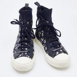 Pre Owned Dior Navy Blue/White Oblique Knit Fabric and Leather Walk'n'Dior High Top Sneakers Size 40