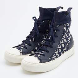 Pre Owned Dior Navy Blue/White Oblique Knit Fabric and Leather Walk'n'Dior High Top Sneakers Size 40