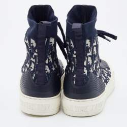 Pre Owned Dior Navy Blue/White Oblique Knit Fabric and Leather Walk'n'Dior High Top Sneakers Size 40