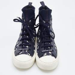 Pre Owned Dior Navy Blue/White Oblique Knit Fabric and Leather Walk'n'Dior High Top Sneakers Size 40