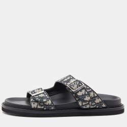 Dior Blue/Black Oblique Canvas and Leather Aqua Slides Size 45