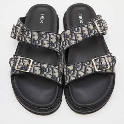 Dior Blue/Black Oblique Canvas and Leather Aqua Slides Size 45
