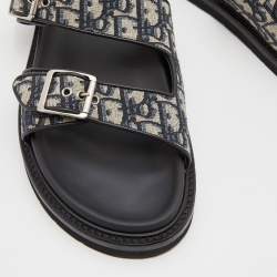 Dior Blue/Black Oblique Canvas and Leather Aqua Slides Size 45