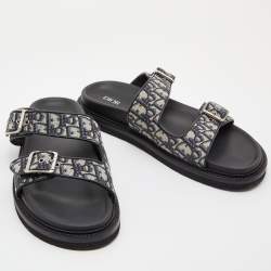 Dior Blue/Black Oblique Canvas and Leather Aqua Slides Size 45