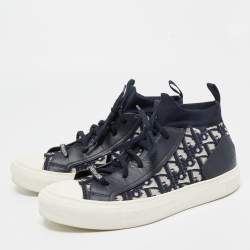Pre Owned Dior Navy Blue Leather and Fabric Walk n Dior High Top Sneakers Size 41.5