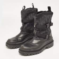 Dior Black Leather and Canvas High Top Combat Boots Size 42