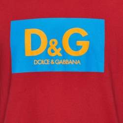 Pre Owned Dolce & Gabbana Red Color-Block Logo Print Jersey Relaxed Fit T-Shirt L