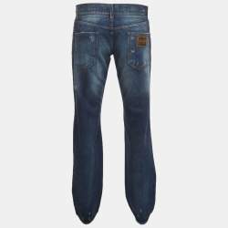 Pre Owned Dolce & Gabbana Denim Blue Distressed Straight Fit Jeans L/Waist 35''