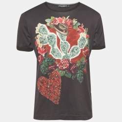 Pre Owned Dolce & Gabbana Grey Floral Cactus Print Jersey T-Shirt XL