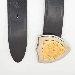 Pre Owned Dolce & Gabbana Black Leather Shield Logo Plaque Belt 95CM