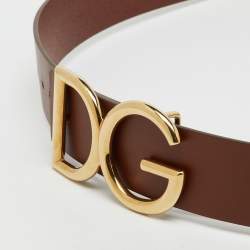Pre Owned Dolce & Gabbana Brown Leather DG Logo Buckle Belt 100CM
