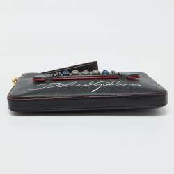 Dolce & Gabbana Black Leather Studded Crown Print Pouch Briefcase