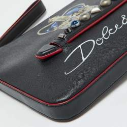 Dolce & Gabbana Black Leather Studded Crown Print Pouch Briefcase