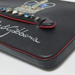Dolce & Gabbana Black Leather Studded Crown Print Pouch Briefcase