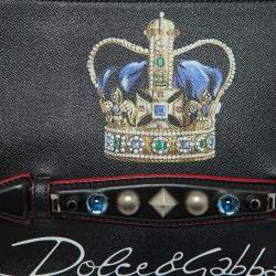 Dolce & Gabbana Black Leather Studded Crown Print Pouch Briefcase