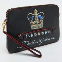 Dolce & Gabbana Black Leather Studded Crown Print Pouch Briefcase