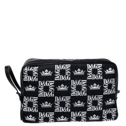 Dolce & Gabbana Black Crown Print Nylon and Leather Pouch