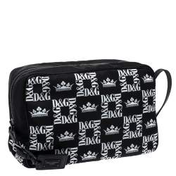 Dolce & Gabbana Black Crown Print Nylon and Leather Pouch