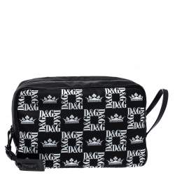 Dolce & Gabbana Black Crown Print Nylon and Leather Pouch