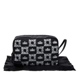 Dolce & Gabbana Black Crown Print Nylon and Leather Pouch