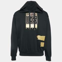 Pre Owned Dolce & Gabbana Black/Gold Logo Print Cotton Knit Hoodie M
