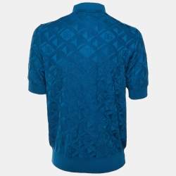 Pre Owned Dolce & Gabbana Blue DG Geometric Pattern Silk Knit Polo T-Shirt M