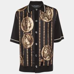 مملوكة مسبقًا قميص دولتشي أند غابانا حرير مطبوع أسود وحبك بأكمام قصيرة مقاس متوسط (ميديوم)