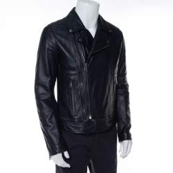 Pre Owned Dolce & Gabbana Navy Blue Leather Quilted Lined Biker Jacket M