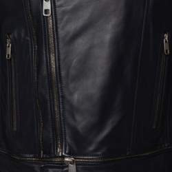 Pre Owned Dolce & Gabbana Navy Blue Leather Quilted Lined Biker Jacket M