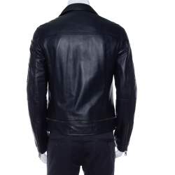 Pre Owned Dolce & Gabbana Navy Blue Leather Quilted Lined Biker Jacket M