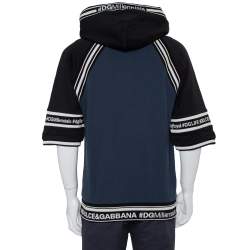 Pre Owned Dolce & Gabbana Navy Blue & Black Cotton Logo Band Detail Hoodie L