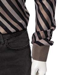 مملوكة مسبقًا Dolce & Gabbana Brown Diagonal Striped Cotton Contrast Silk Collared Shirt L